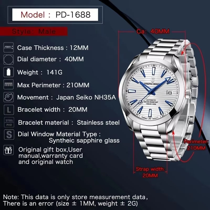 40MM Luxury Men Sports Mechanical Watch Water Resistant 100M Stainless Steel Sapphire Glass Men'S Automatic Clock